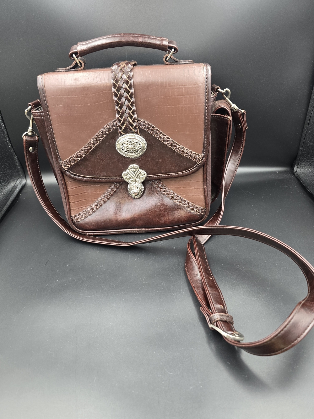 Braided Trim Brown Leather Satchel Crossbody